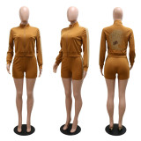 Fashion casual color matching wild solid color zipper suit long top + shorts