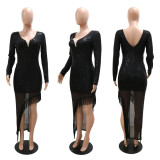 Fashionable Sexy V-Neck Leaky Back Irregular Long Sleeve Sequined Fringe Dress