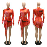 Fashion Sexy Perspective Irregular Tie Print Dress with Careful Machine Design