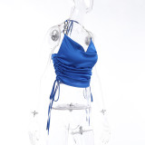 Metal Ring Chain Satin Halter Top Sexy Lace-Up Tank Top Women