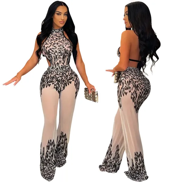 Fashionable casual halter neck straps sequins package hip jumpsuit shows waistline thin