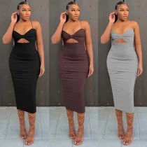 Women's fashion suspender type temperament sexy commuter solid color dress