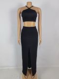 Knitted top and long skirt with slits and buttons sexy two-piece set