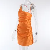Asymmetric Satin Pocket Collar Open Back Lace-Up Dress Suspender