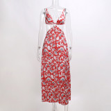 Floral Print Sling Hollow Holiday Beach Seaside Dress Spring Summer Sexy Long Dress