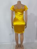 Nightclub sexy solid color satin thong diamond shoulder strap dress women