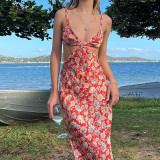 Floral Print Sling Hollow Holiday Beach Seaside Dress Spring Summer Sexy Long Dress