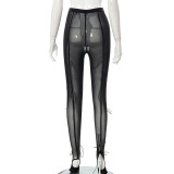 Women's Spring Sexy Mesh See-Through Drawstring Hollow High Waist Tights Casual Trousers