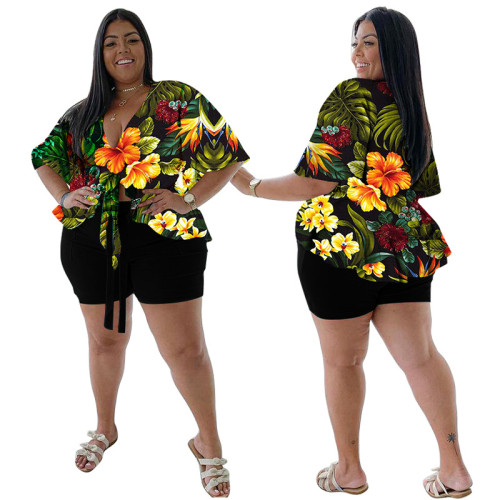 Plus Size Two Piece Printed Casual T-Shirt Shorts Set