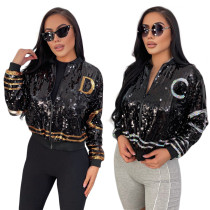 Women's Fashion Long Sleeve Sexy Slim Fit Glitter Heavy Sequin Black Jacket