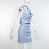 women's solid color halter neck open back slide filament pocket collar dress