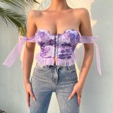 Sexy Floral Tight Bow Knot Off Shoulder Sling Top Fashion Design Open Back Showing Chest Tank Top