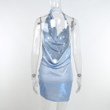 women's solid color halter neck open back slide filament pocket collar dress