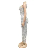 Fashion sexy sequined diagonal collar one shoulder irregular slit long beard dress