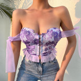 Sexy Floral Tight Bow Knot Off Shoulder Sling Top Fashion Design Open Back Showing Chest Tank Top