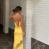 Women's fashion suspenders sexy backless one-shoulder slim slit dress women