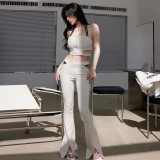 Hanging neck zipper exposed navel wrap chest solid color casual trousers small sexy hollow two-piece suit