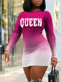 Sexy bag hip gradient color personalized print short-sleeved plus size dress long sleeves