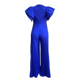 Feifei sleeves temperament pleated stitching deep V neck mopping cross-border European and American jumpsuit