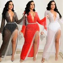 Fashion sexy nightclub hot drill deep V wide-sleeved irregular slit streamer long skirt dress female