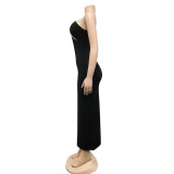 Diagonal collar sexy suspenders sleeveless irregular slit long dress women