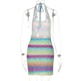 Striped camouflage lace-up open-back dress with fungus trim
