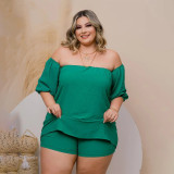 Plus Size Women's Sexy One-Shoulder Solid Color Strap Comfortable Elastic Shorts Two-Piece Set