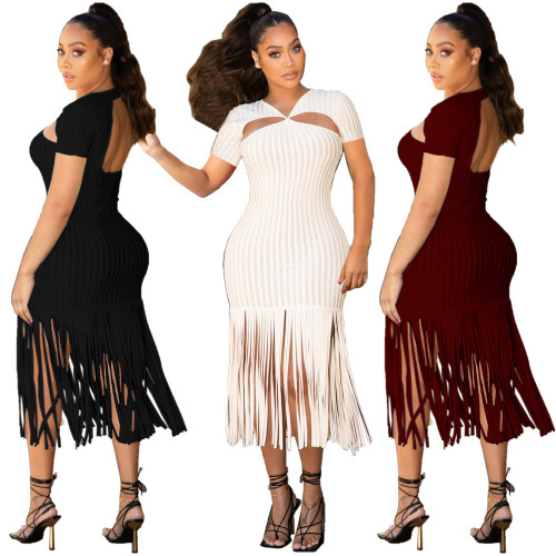 Casual pit strip solid color fringed skirt