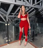 women's solid color hollow strap two piece suit