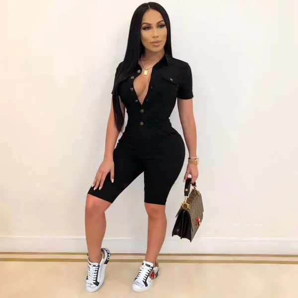 Women Fashion Button Casual Short Sleeve Solid Color Bodysuit