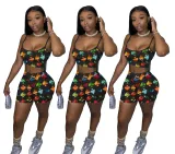 Fashion Tie Dye Heart Print Suspender Two-Piece Set