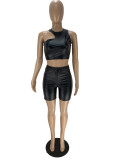 Women's PU Faux Leather Tank Top Shorts Two-Piece Set