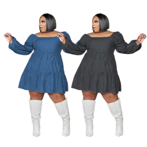 Plus Size Solid Color Denim Fabric Soft Women's Plus Size One-Line Neck Dress