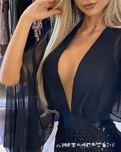 V-neck mesh-paneled sequined jumpsuit