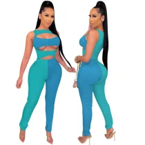 High elastic hollow two-piece color matching fashion personality suit