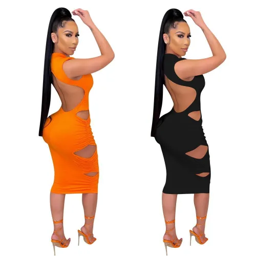 Fashion Sleeveless Solid Color Sexy Cutout Dress