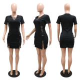 Thin solid color mid-waist U-neck hollow slit short skirt straight tribute woolen ruffle dress