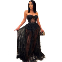 Two-piece sexy dress dress fat sister black solid color mesh