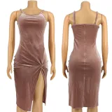 Korean velvet solid color long dress with suspenders