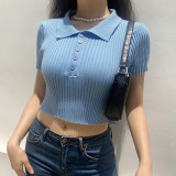 Slim Fit Cropped Sweater New Single Breasted Vintage POLO Collar Crop Top T-Shirt