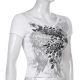 Retro Spice Girls Spring Sexy Slim Fit Rose Wings Print Ribbed Short Sleeve T-Shirt