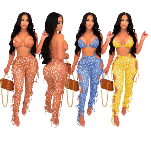 Spring/Summer Print Personality Lace-up Hollow Two-piece Set