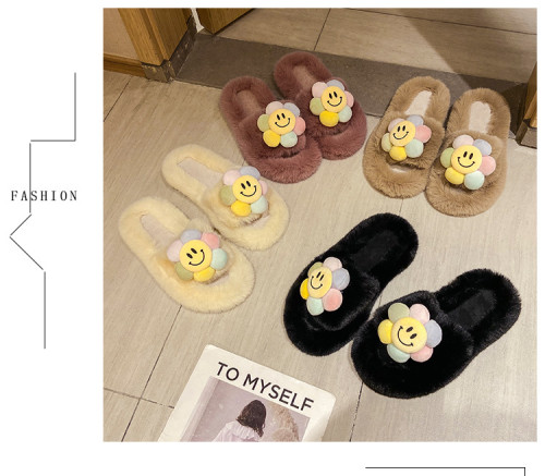 Cotton slippers women wear cute cartoon Baotou spring and autumn flat bottom one word casual thick bottom fur slippers