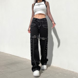 Personality Street Hot Girl Chain Design Jeans Straight Pocket Trousers