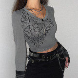 Sexy Skinny Women's Retro Print Hot Drill Long Sleeve Cropped Navel T-Shirt Bottoming Top