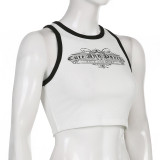 Spice Girl Alphabet Print Pick-Up Shoulder Bodysuit Colorblock Cropped Navel Short Sleeveless Tank Top