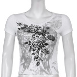 Retro Spice Girls Spring Sexy Slim Fit Rose Wings Print Ribbed Short Sleeve T-Shirt