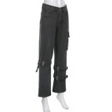 High Waist Straight Jeans Irregular Tie Pocket Cargo Pants