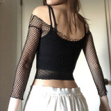 Sexy hollow mesh one-shoulder top hipster tight-fitting long-sleeved blouse