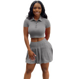 Solid color pleated culottes set with inner two-piece set